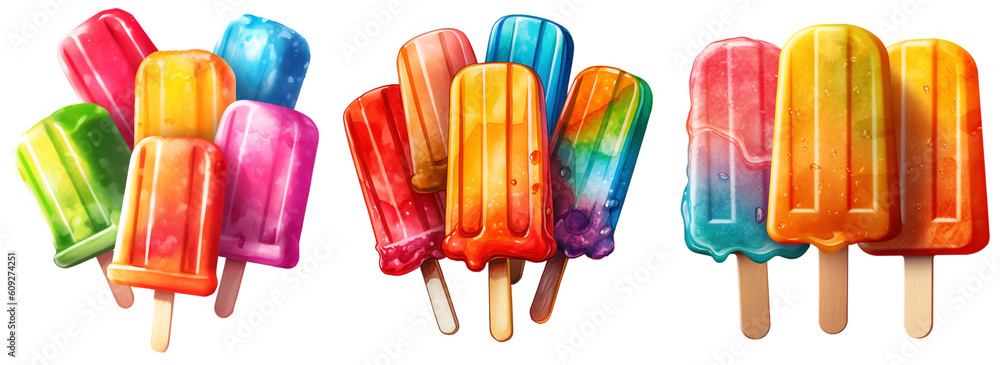 An illustration of various colorful and tasty popsicles on a transparent background, Generative AI An illustration of various colorful and tasty popsicles on a transparent background, Generative AI