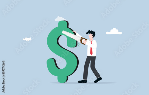 Cost cutting strategy during economic recession, reducing company expenses, budget constraints concept, Businessman cutting off insignificant part of dollar sign.