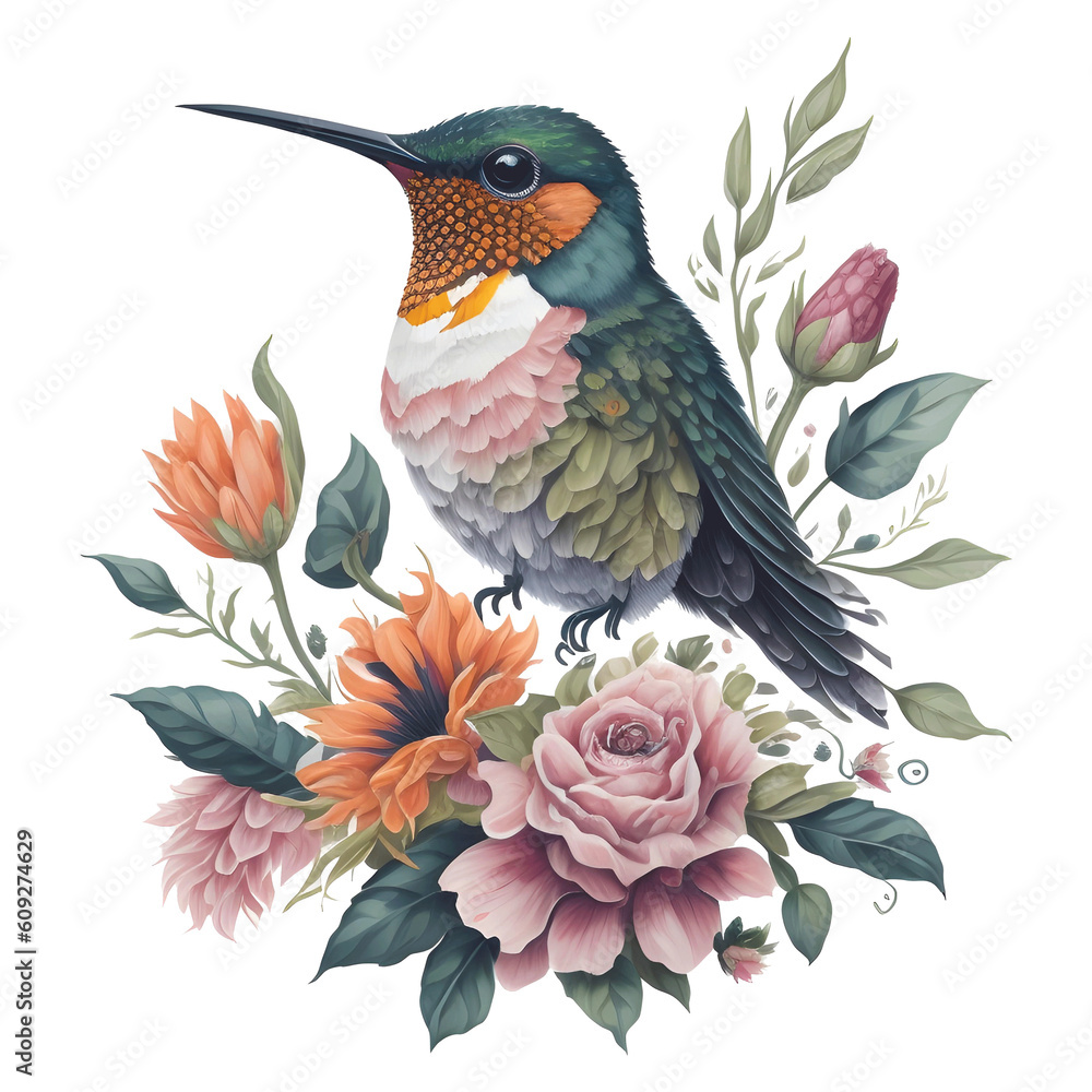 Obraz premium Watercolor Hummingbird Clipart | Watercolor Bird Hummingbird Floral Hand Drawn Illustration | Wildlife Colorful Transparent Art