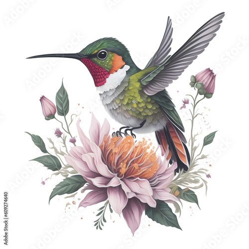 Watercolor Hummingbird Clipart | Watercolor Bird Hummingbird Floral Hand Drawn Illustration | Wildlife Colorful Transparent Art photo