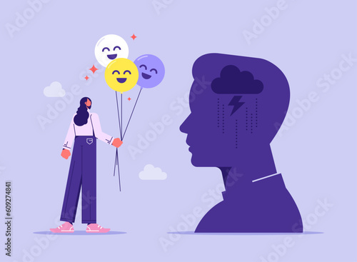 Woman giving good emotions icon , Sharing positive energy between workmates, help with mental problems, frustration and stress