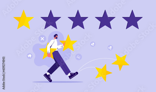 Online feedback reputation bad quality customer review concept, businessman giving one gold star rating. negative ranking vote, Customer experience negative review