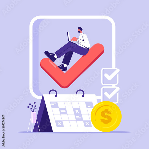 Project task management and effective time planning concept, business tasks scheduling on week, time management and planning deadline, businessman with laptop sit on check mark