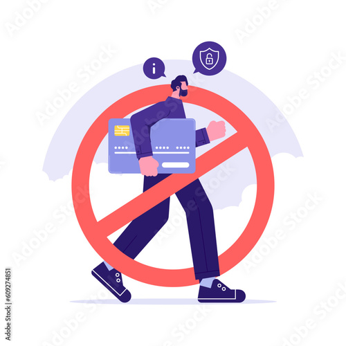 Thief steals credit card. Scammer or hacker stealing money. Prohibition sign. Stop scam and corruption. Concept of financial crimes, cyber attack, internet fraud. Flat vector illustration