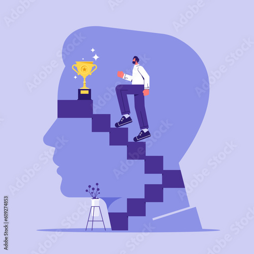 Self improvement psychology education concept, training or think growth mindset, development of personal potential, businessman climbing the ladder to the top