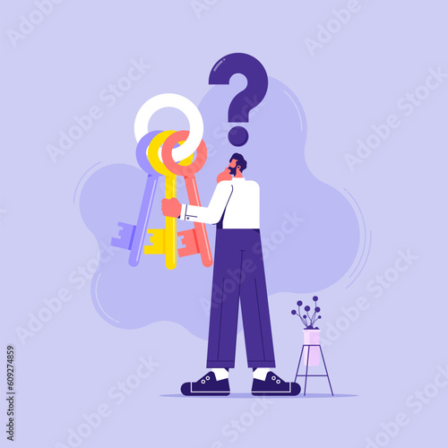 The concept of forgot passwords, account protection, ask questions. illustration of a man who is confused about choosing the correct key because he forgot his security key