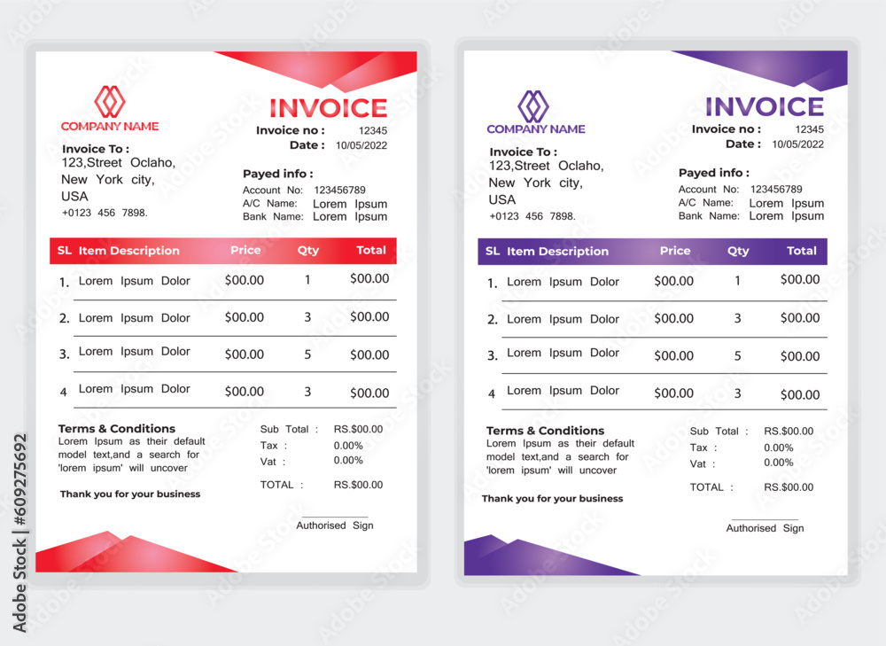 Business Minimal Corporate Invoice design template vector illustration bill form price . Creative template and stationery design payment agreement design template Cash Memo, Vector Quotation Design