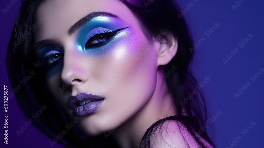 Young woman portrait in futuristic glam style, pink and blue light, close-up Young woman portrait in futuristic glam style, pink and blue light, close-up