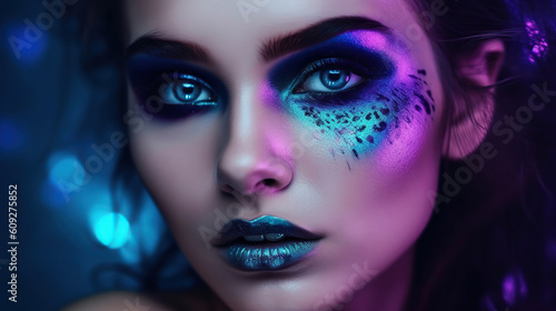 Young woman portrait in futuristic glam style, pink and blue light, close-up