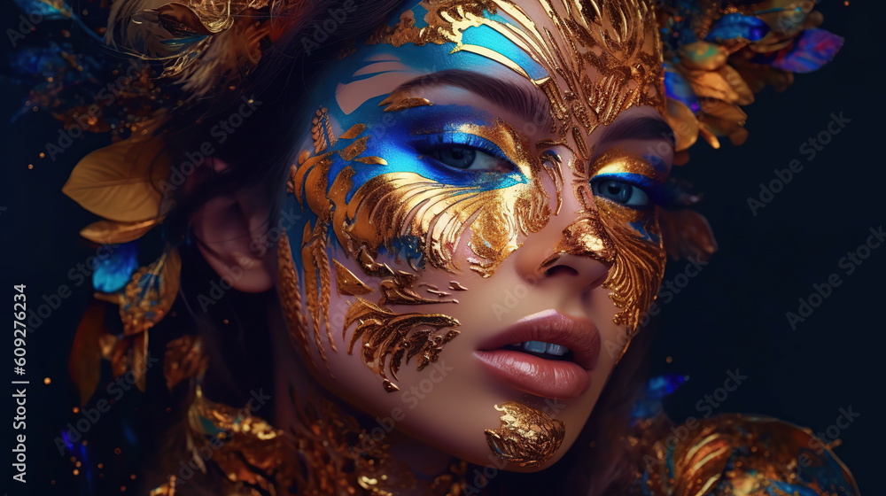 Portrait of young woman with golden and blue paint on her face, close-up illustration 
