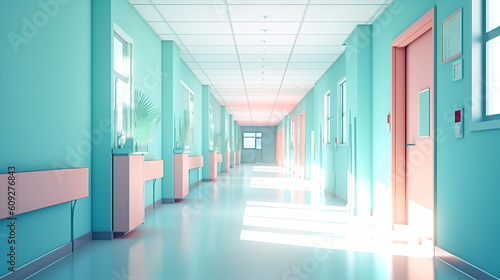 Spacious empty hospital hall with daylight. The walls are blue and pink. Waiting hall. Banner. Generative AI