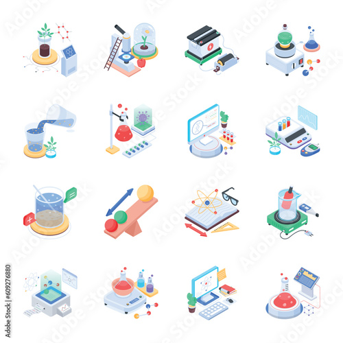 Set of Futuristic Chemical Study Isometric Icons 

