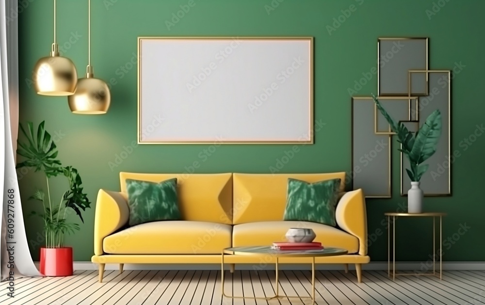 Green living room with a yellow couch and a white mockup frame on the wall created with Generative AI technology