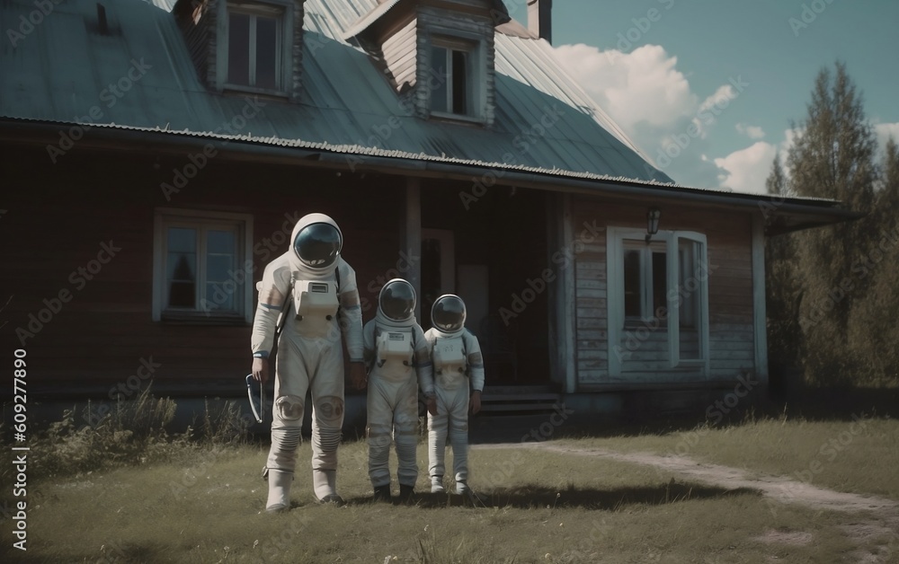 Fototapeta premium Man and two kids in spacesuits next to abandoned farmhouse at sunny summer day created with Generative AI technology. Astronauts on the Earth planet