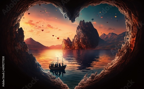Boat in a lake on the sunset in the background view through the heartshaped cave created with Generative AI technology