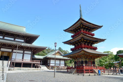 red pagoda and blue sky in Naritasan Shinshoji temple. the most famous temple in Narita city