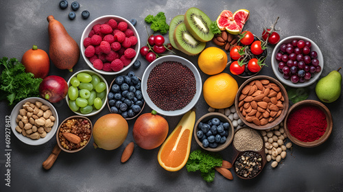 A healthy food selection for a healthy diet including fruits, vegetables, seeds, nuts, grains and leafy greens. against the background of gray concrete. Banner. Generative AI