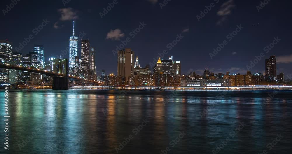 Timelapse Panning Lower Manhattan At Night With Brooklyn Bridge - New York City, New York Timelapse Panning Lower Manhattan At Night With Brooklyn Bridge - New York City, New York