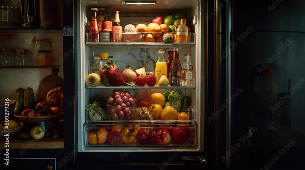 Fridge with foods. Generative AI Fridge with foods. Generative AI