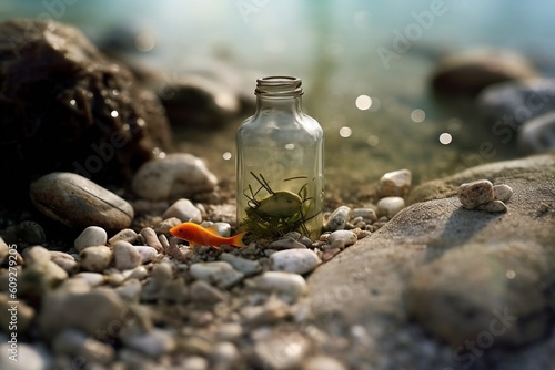 Glass bottle, garbage, on the sand on the beach, nature pollution AI generated