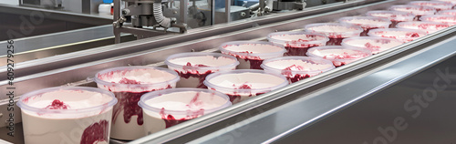 Ice cream at a food processing plant, ready for automatic packaging. Automated ice cream production. Ice cream in a plastic bucket. AI Generative