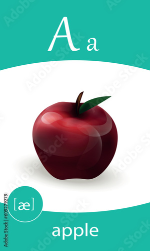 English alphabet flash card. Letter A study - apple.  Kids ABC cards. Phonics flashcards collection. Cartoon illustration vector.