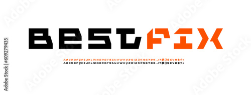 Tech font, digital cyber alphabet, modern Latin letters A, B, C, D, E, F, G, H, I, J, K, L, M, N, O, P, Q, R, S, T, U, V, W, X, Y, Z and Arab numerals 0, 1, 2, 3, 4, 5, 6, 7, 8, 9, two set typeface