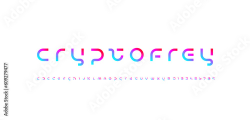 Technology science font, digital cyber alphabet made futurism style, bright Latin lowercase letters A-Z and Arab numerals 0, 1, 2, 3, 4, 5, 6, 7, 8, 9 space style