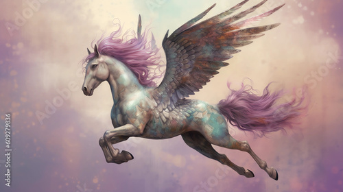 Horse with wings, legendary magical creature, fantasy animal. Generative AI. © Worldillustrator