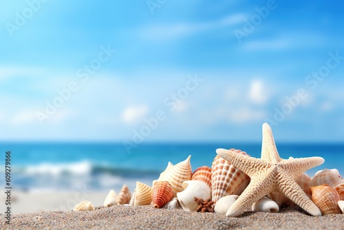 Summer vacations and marine background. Tropical beach with sea star and seashells on sand, summer holiday background. travel and beach vacation. defocused ocean background copy space for text.