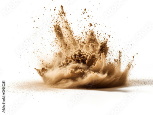 Dry soil explosion isolated on white background.