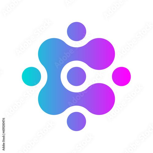 Letter C meta ball shape. Can be used for network community icon. Cyan magenta color gradient. Modern technology symbol. Liquid sign. Data management. Connected dots. AI concept. Vector illustration. 