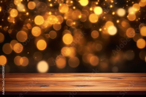 Christmas delights. Bright and Merry xmas decoration. Wooden table on blur bokeh background