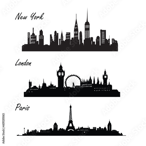 Hand-drawn city skylines. New York, London, Paris.