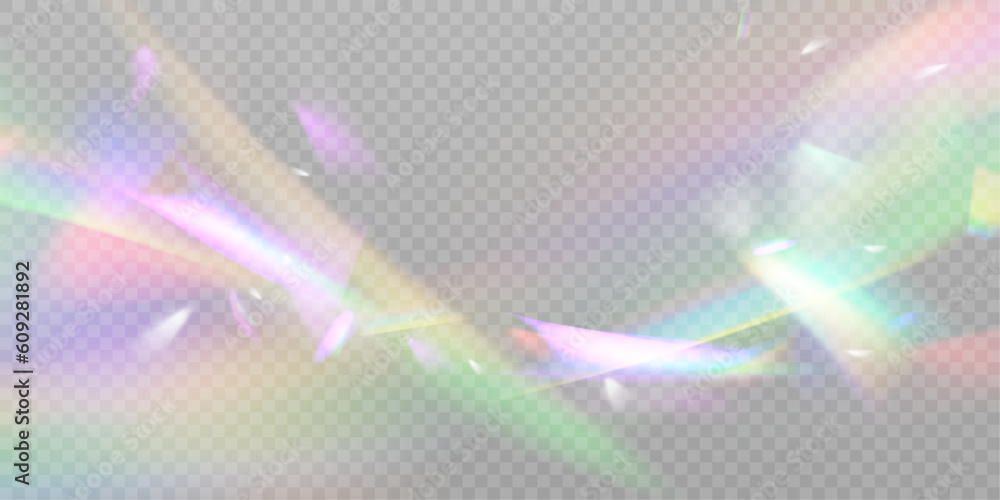 A cluster of colors, bright rays of the spectrum. Glare on a lens, glass, jewelry, or gemstone. The superimposition of the rainbow effect, the refraction of light by a crystal prism. Realistic diamond