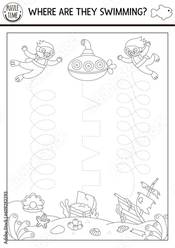 Vector under the sea handwriting practice worksheet. Ocean life printable black and white activity for preschool children. Tracing game for writing skills. Coloring page with scuba divers, submarine.
