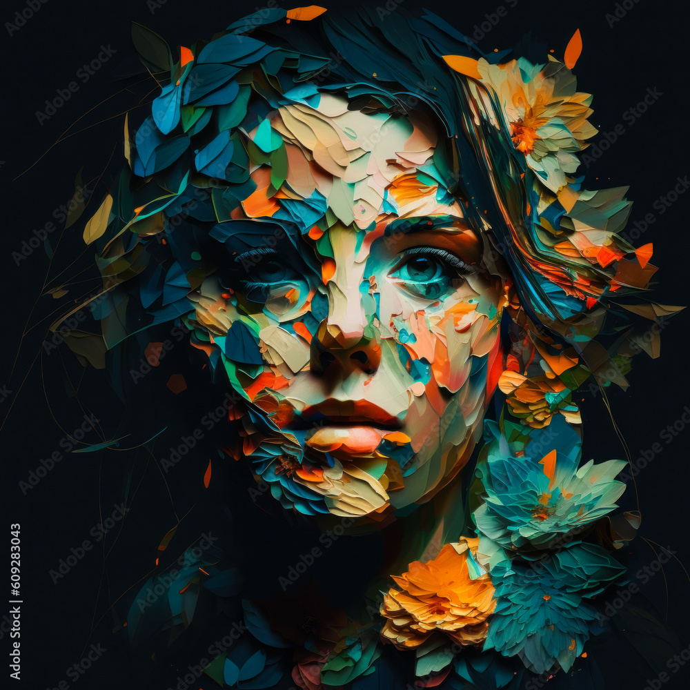Stunning abstract portrait of a woman masterfully composed of vibrant, unique flowers, evoking deep emotions. Ideal for creative projects or ads. Generative AI