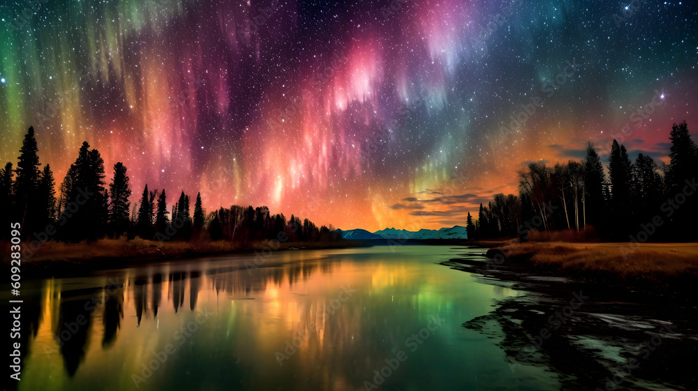 Obraz premium A celestial aurora casting shimmering hues across a cosmic sky created with Generative AI technology