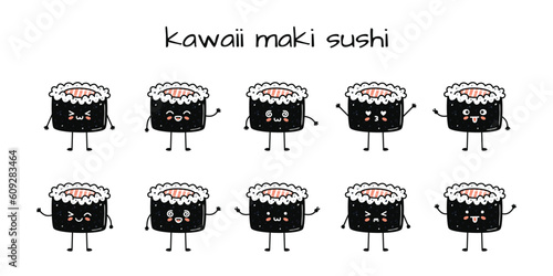 Set of kawaii maki sushi mascots in cartoon style