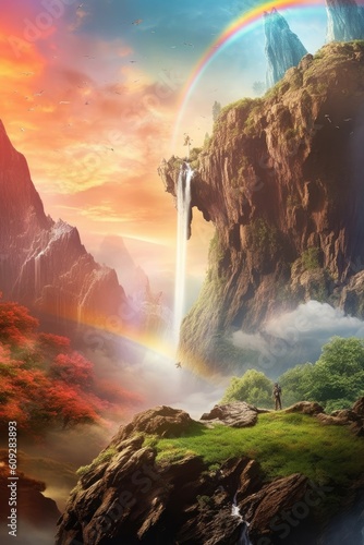 Realm of Wonder Cliffs, Waterfall, Rainbow, and Whirling Magic in a Fantasy Landscape Wallpaper - Fantasy Landscape with Cliffs, Waterfall and Rainbow Background created with Generative AI Technology