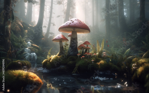 mushroom in the forest dreamlike and ethereal forest scene with soft, pastel colors and a mystical atmosphere, Generative AI