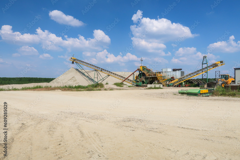 Sand quarry panorama landscape mound machinery working machinery extract extraction Sand quarry panorama landscape mound machinery working machinery extract extraction