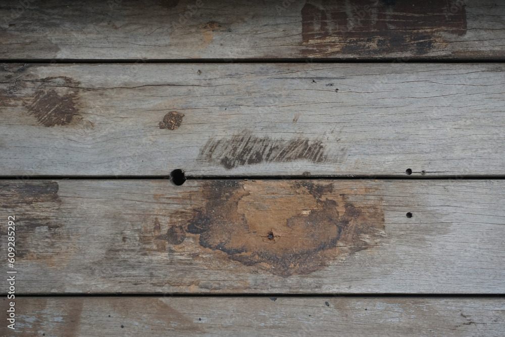 Naklejka premium Brown wood plank wall texture background. Termites eat wood.