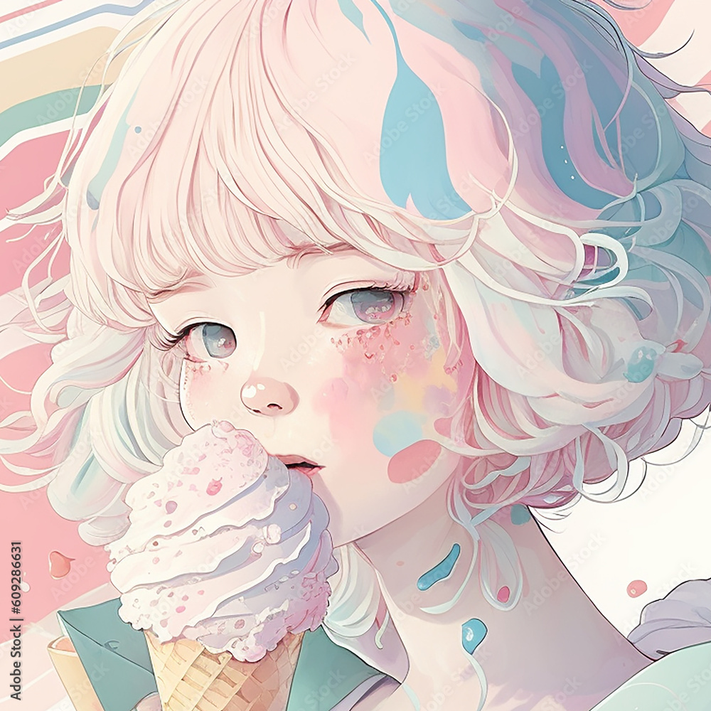 Ice cream kawaii girl in pastel color, a fictional person, Generative AI