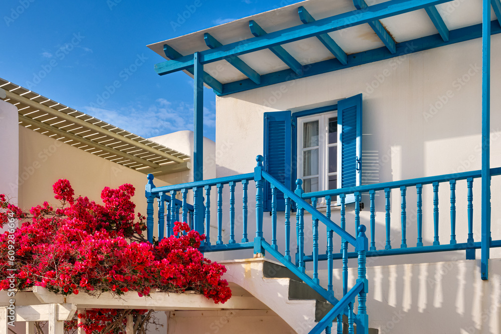 Traditional Greek house, white walls, blue windows and bars, blooming