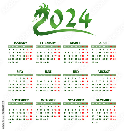 A green calendar template for a year 2024 with dragon.