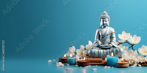 A Buddha statue, candle and lotus flower on blue background with copyspace. Generative AI photo