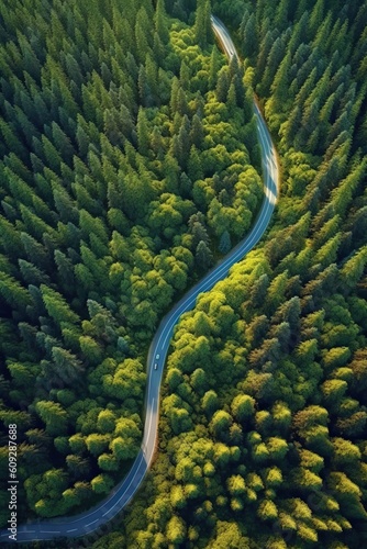 Summer pine forest and winding curvy road. Top down aerial view. Generative AI