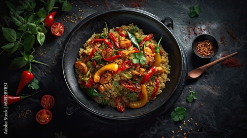 Quinoa and vegetable stir-fry vegetarian meal on dark background. Generative AI