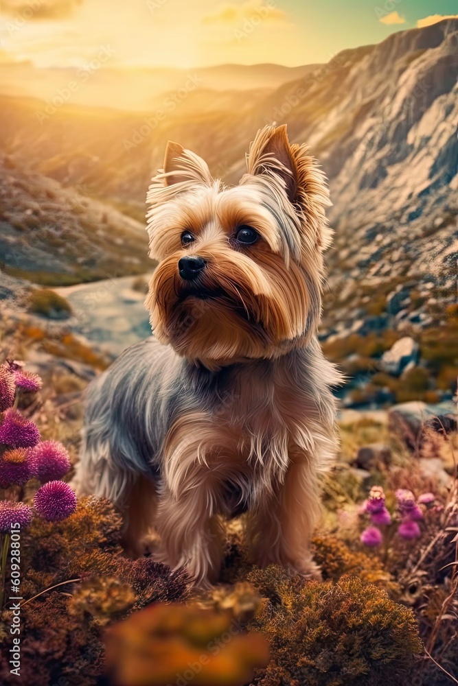 Yorkshire Terrier in nature at mountain valley. Generative AI